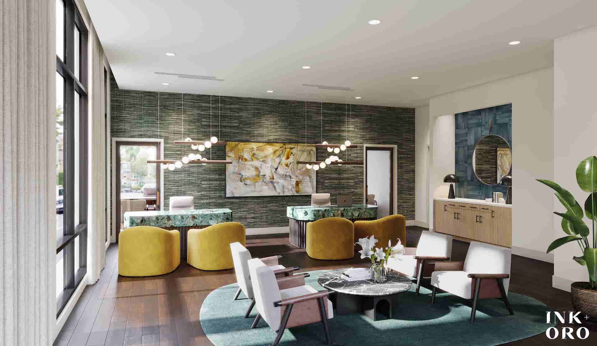 leasing office with custom lighting and designer furniture