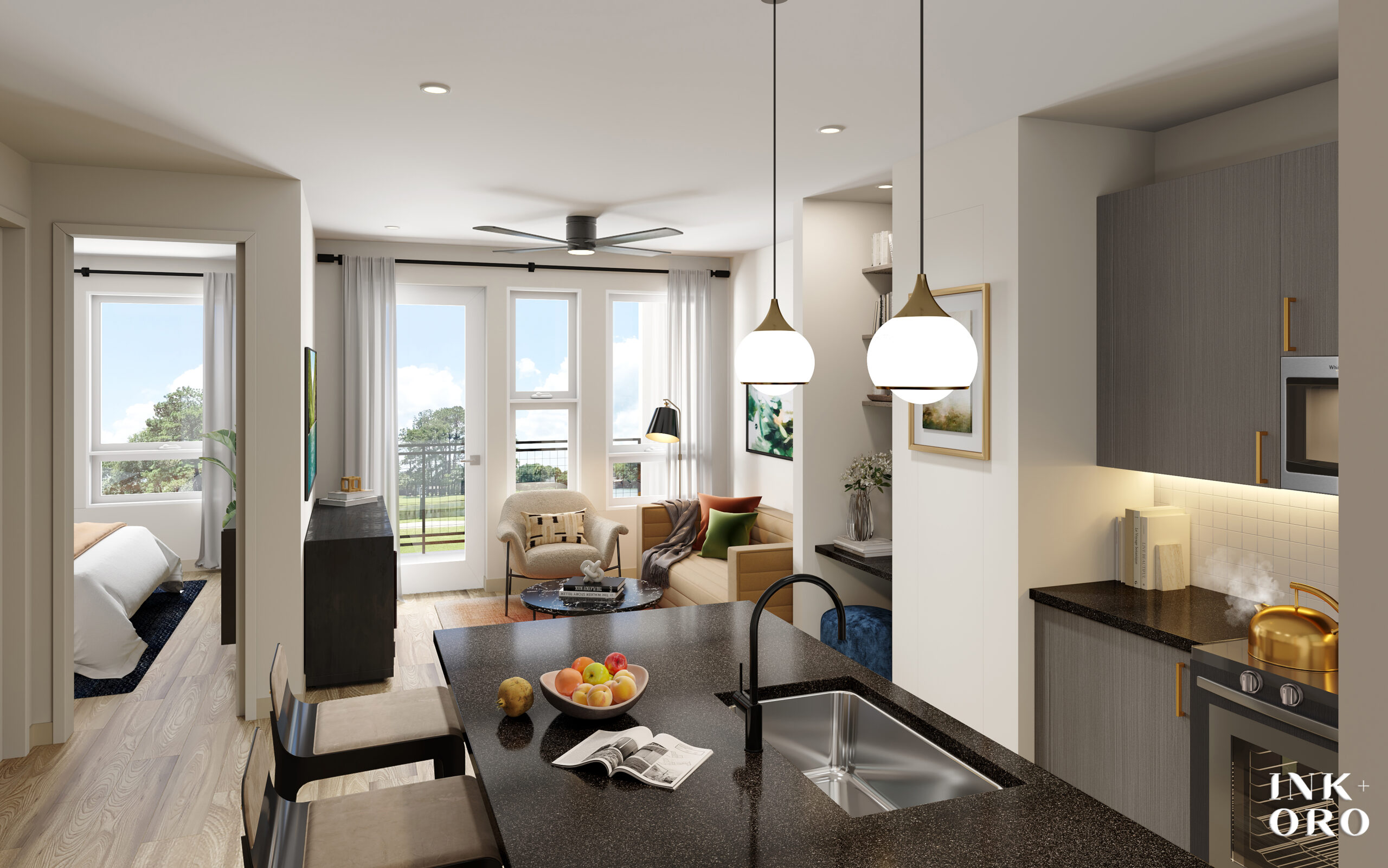 kitchen with island and pendant lighting open to living room