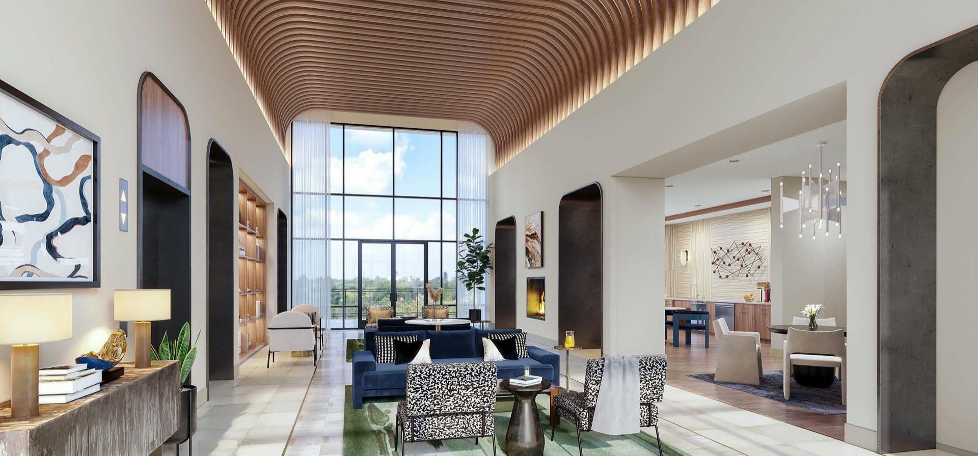 main lobby with floor to ceiling windows and lounge seating with designer furniture