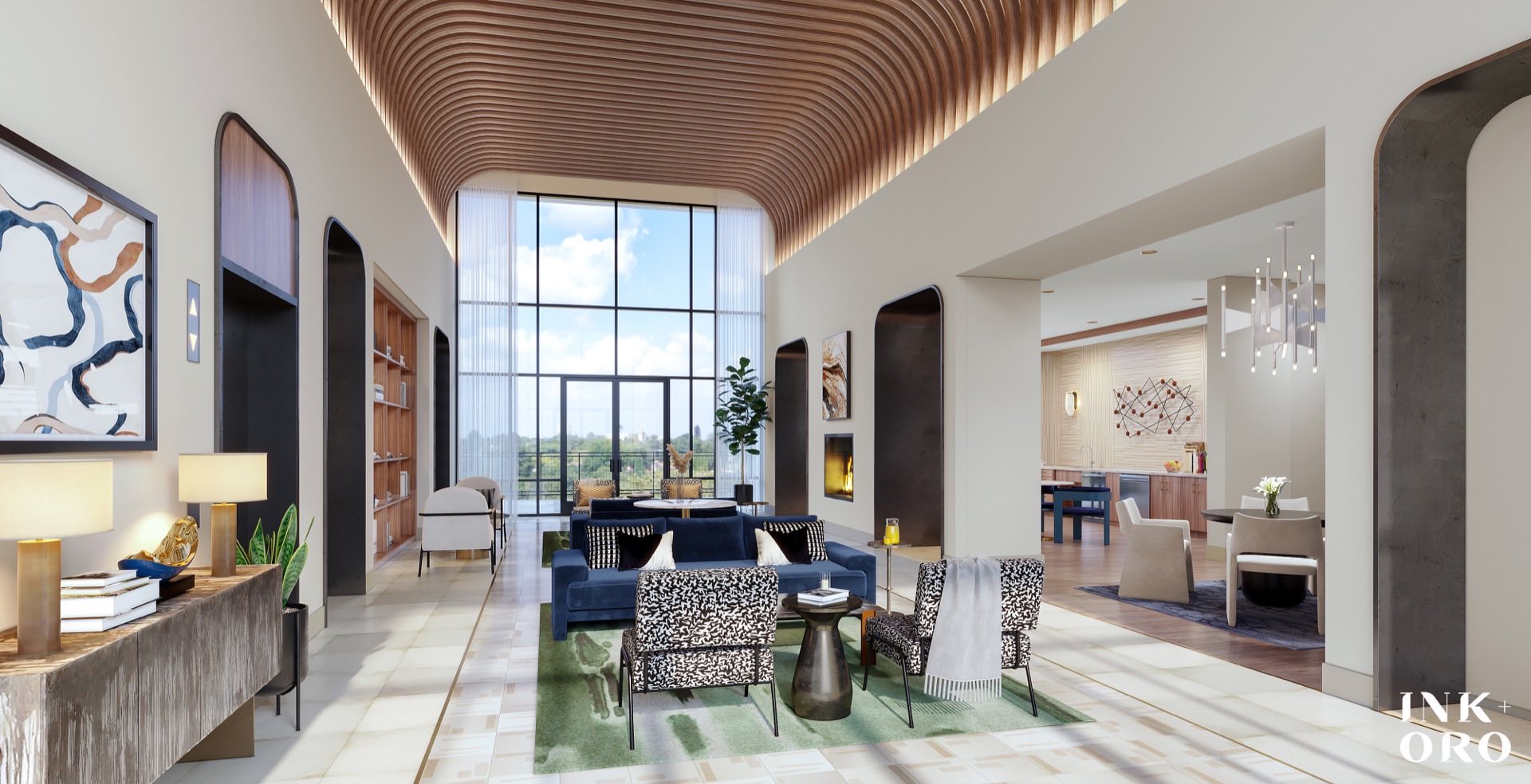 main lobby with floor to ceiling windows and lounge seating with designer furniture
